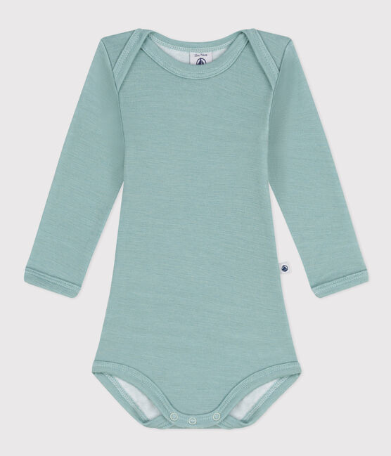 Body manches longues rayures bébé en laine et coton vert PAUL