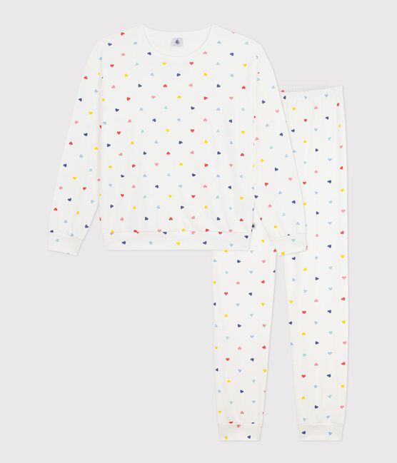 Pyjama femme en coton et élasthanne imprimé cœurs blanc MARSHMALLOW/blanc MULTICO