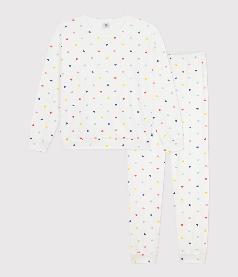 Pyjama femme en coton et &eacute;lasthanne imprim&eacute; c&oelig;urs blanc MARSHMALLOW/blanc MULTICO