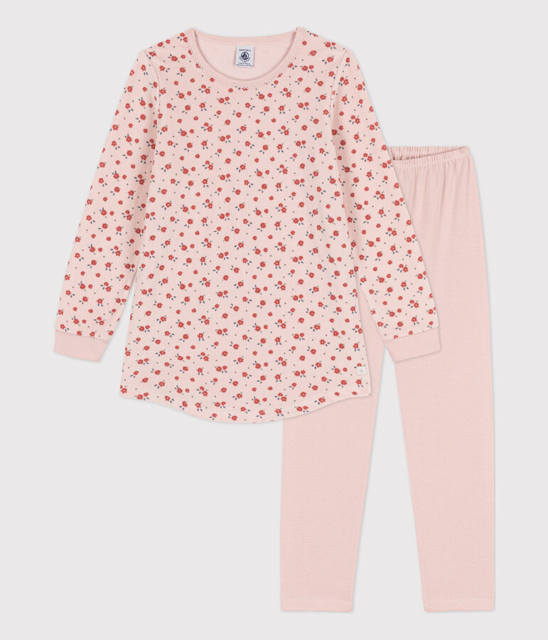 Chemise de nuit et legging fleur petite fille en velours et en coton rose SALINE/blanc MULTICO