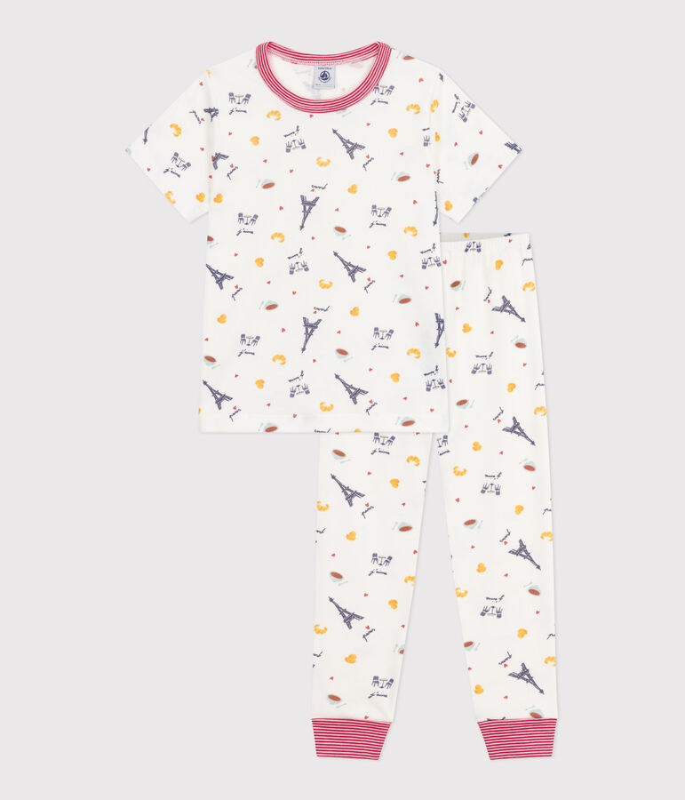 Pyjama enfant en coton manches courtes et jambes longues imprim&eacute; blanc MARSHMALLOW/blanc MULTICO
