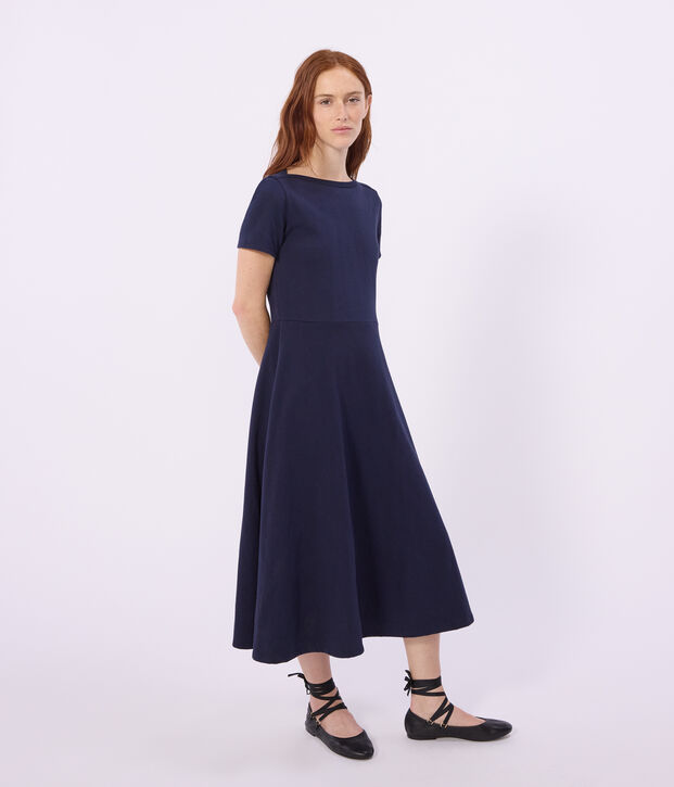 Robe longue femme en coton bleu marine