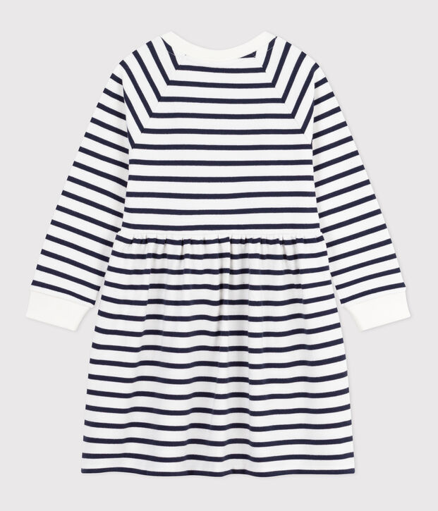 Robe enfant en coton manches longues &agrave; rayures blanc/bleu
