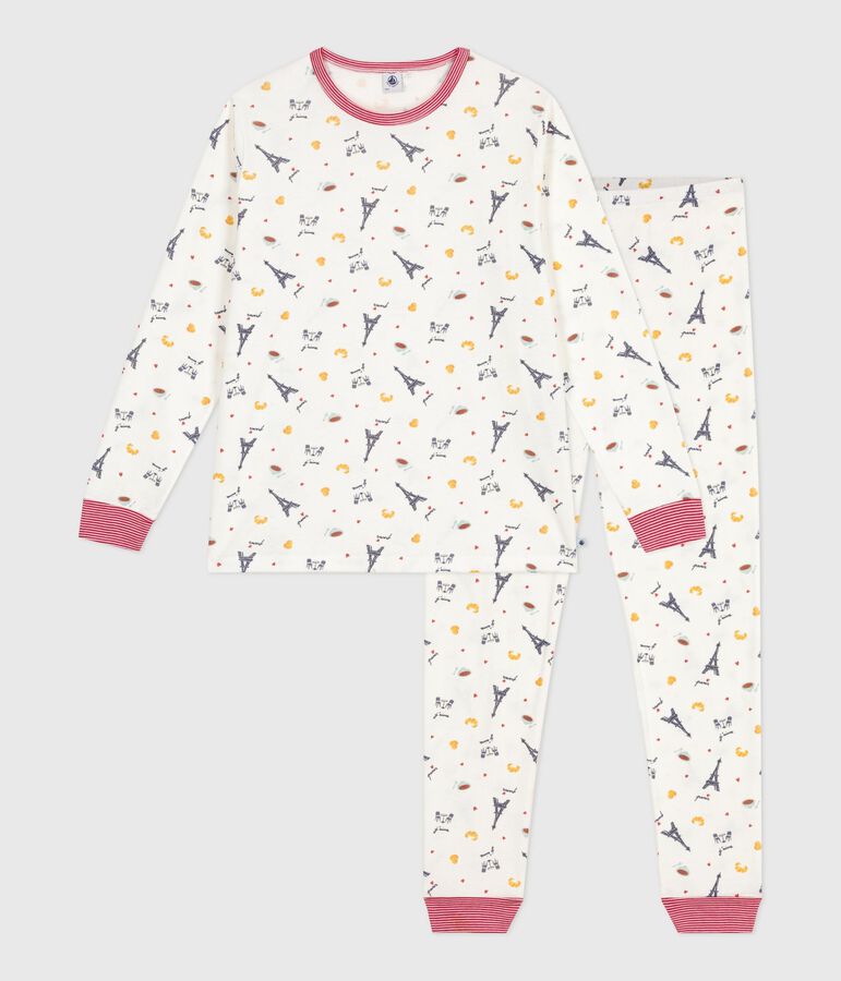 Pyjama enfant en coton imprim&eacute; Paris blanc MARSHMALLOW/blanc MULTICO