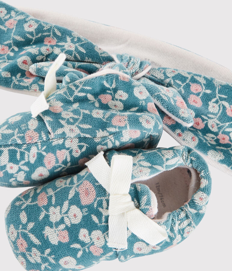 Lot bandeau et chaussons fleuri b&eacute;b&eacute; fille en velours MOZAIK/&eacute;cru MULTICO