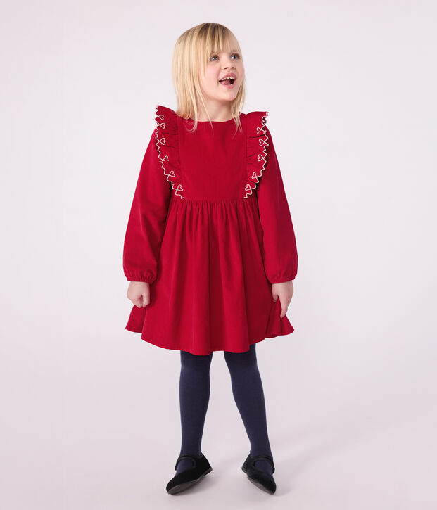 Robe enfant manches longues en velours unie rouge