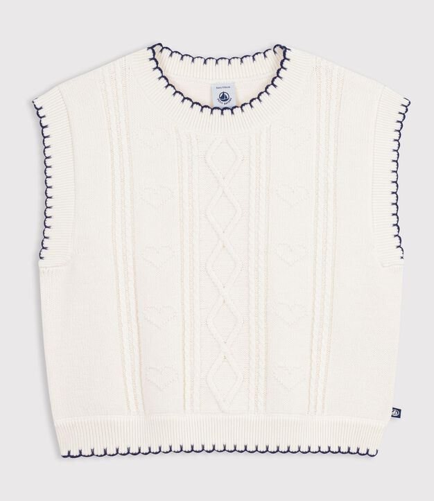 Pull &agrave; torsades enfant en laine et coton sans manche blanc