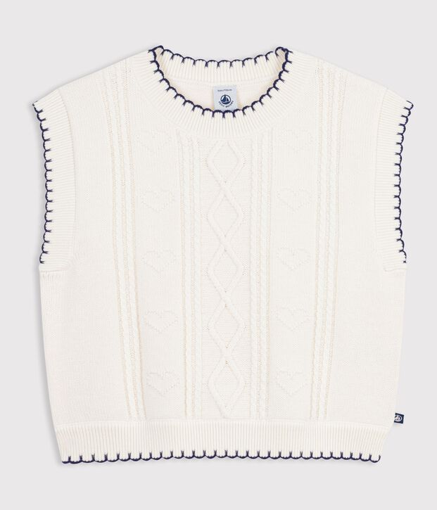 Pull &agrave; torsades enfant en laine et coton sans manche blanc