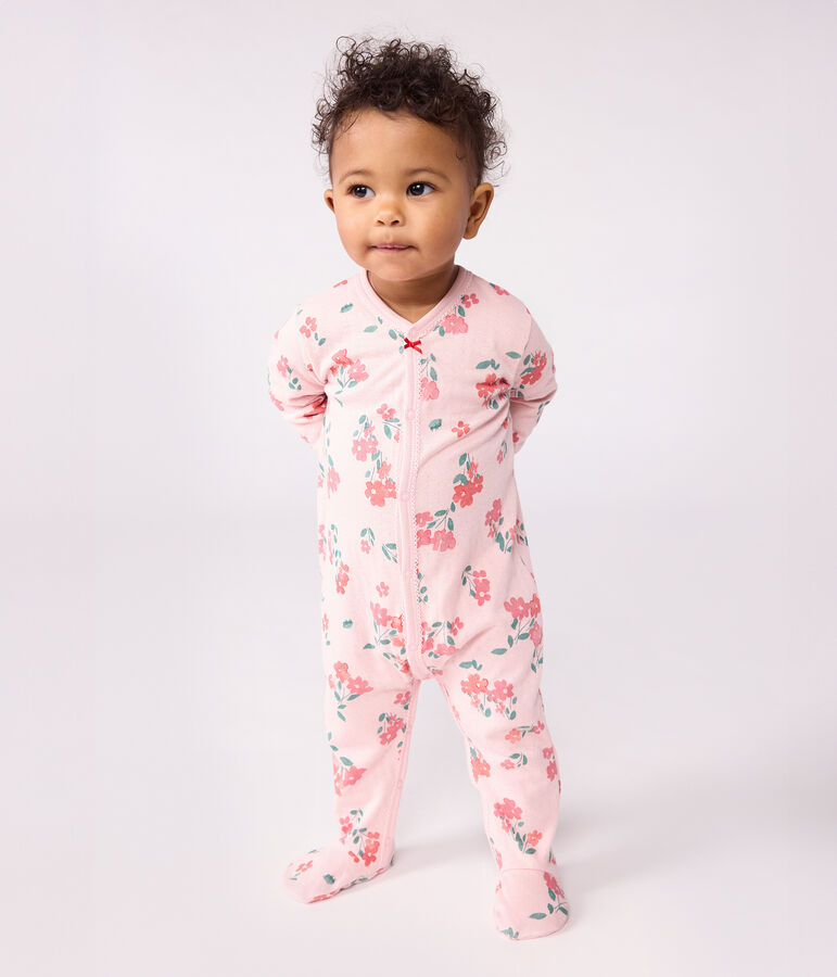 Pyjama b&eacute;b&eacute; en tubique imprim&eacute; fleuri rose JOLI/blanc MULTICO