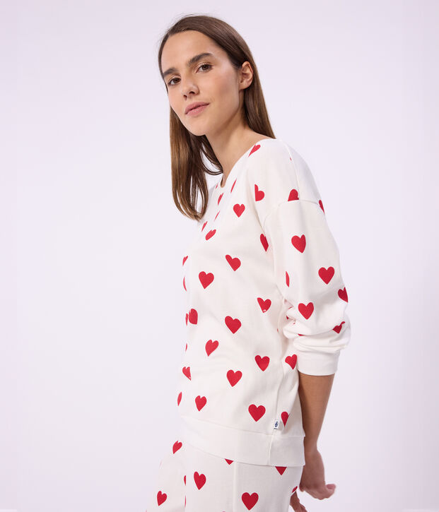 Pyjama femme en coton imprim&eacute; c&oelig;urs blanc/rouge