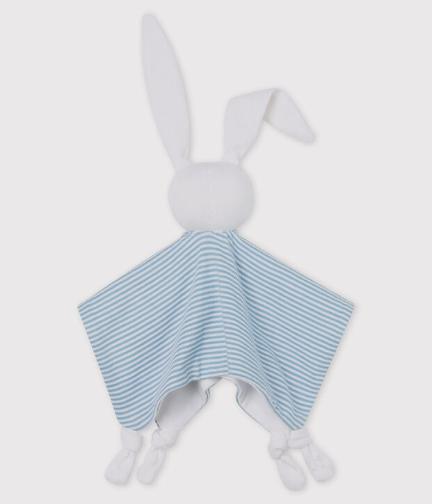 Doudou lapin b&eacute;b&eacute; en coton bleu/blanc