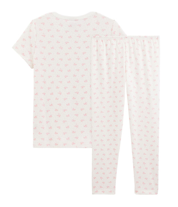 Pyjama fleurs petite fille en c&ocirc;te blanc/rose