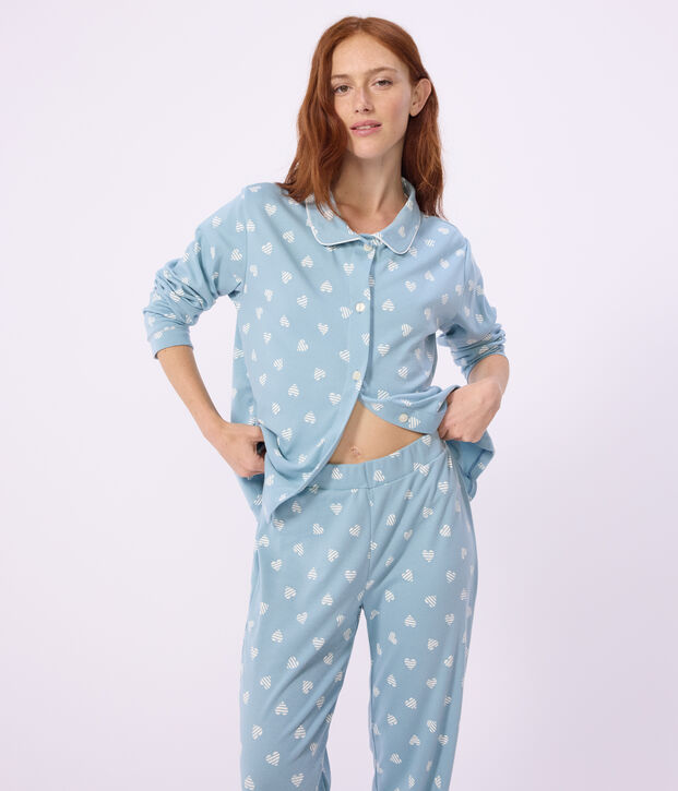 Pyjama boutonn&eacute; femme en coton imprim&eacute; vert/blanc