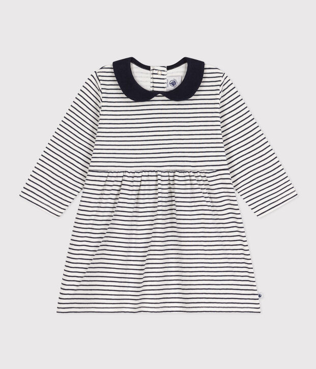 Robe manches longues en tubique ray&eacute; b&eacute;b&eacute; blanc/bleu