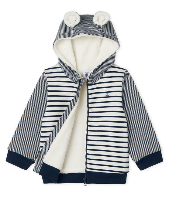Sweatshirt à capuche bébé garçon en rayure marinière doublé de sherpa blanc MARSHMALLOW/bleu SMOKING CN