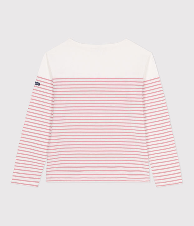 Teeshirt marini&egrave;re femme en coton manches longues blanc/rose