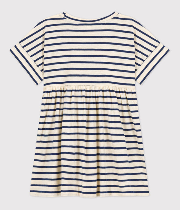 Robe ray&eacute;e manches courtes en coton enfant fille &eacute;cru/bleu