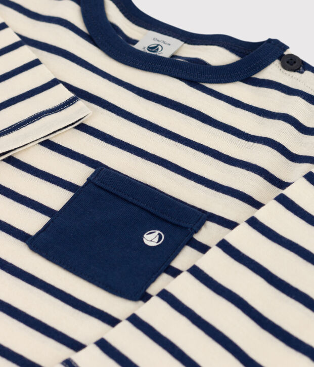 Tee-shirt manches longues b&eacute;b&eacute; en coton &eacute;cru/bleu