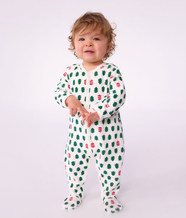 Pyjama b&eacute;b&eacute; en velours imprim&eacute; sapins blanc/multicouleur