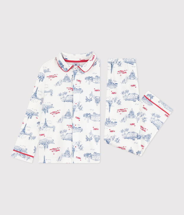 Pyjama enfant en coton boutonn&eacute; imprim&eacute; Paris blanc/multicouleur