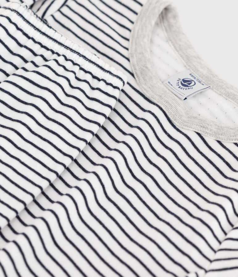 Pyjama ray&eacute; en tubique enfant blanc MARSHMALLOW/bleu SMOKING