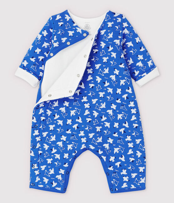 Combinaison longue oiseaux bébé en tubique matelassé en coton biologique bleu COOL/écru MULTICO