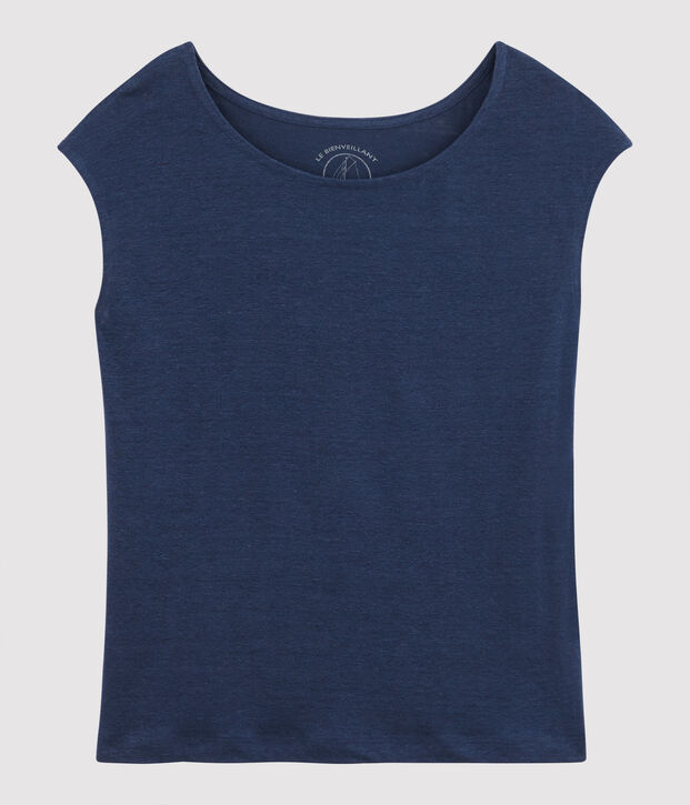 T-shirt en lin uni Femme bleu fonc&eacute;