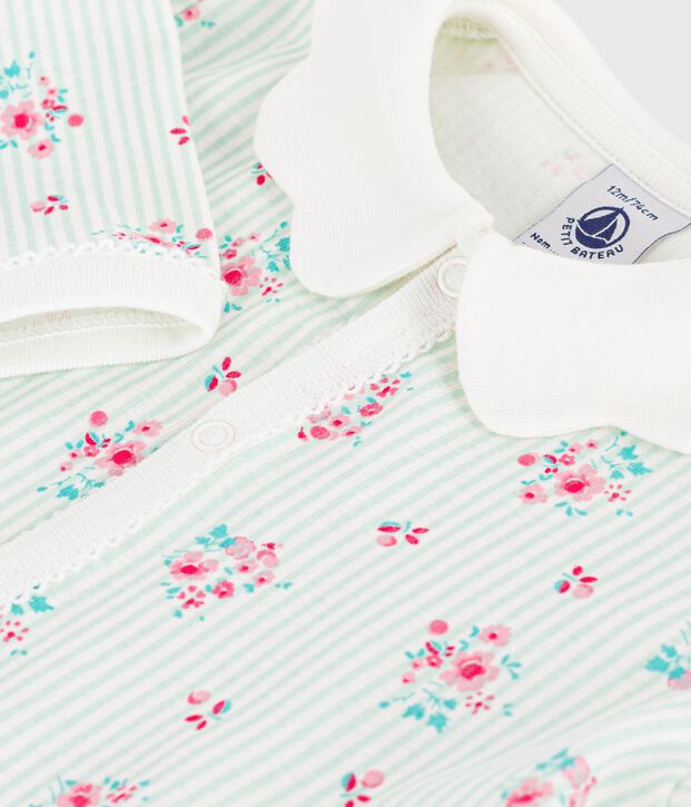 Pyjama b&eacute;b&eacute; en coton sans pieds &agrave; col imprim&eacute; fleuri blanc/multicouleur