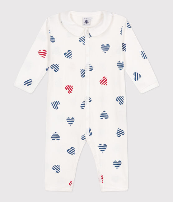 Pyjama bébé en coton sans pieds avec col cœur rayé blanc MARSHMALLOW/blanc MULTICO