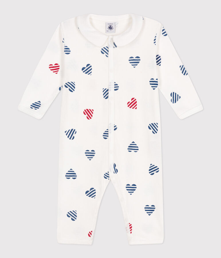 Pyjama b&eacute;b&eacute; en coton sans pieds avec col c&oelig;ur ray&eacute; blanc MARSHMALLOW/blanc MULTICO