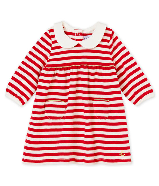 Robe rayée à col bébé fille rouge TERKUIT/blanc MARSHMALLOW