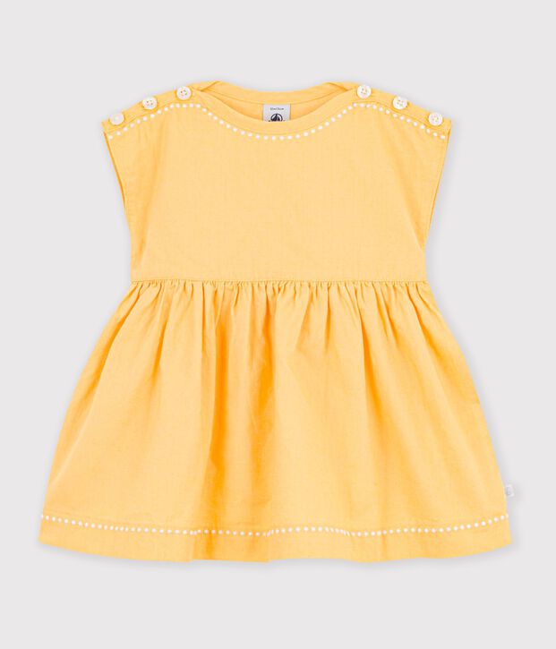 Robe b&eacute;b&eacute; en coton/lin manches courtes unie jaune