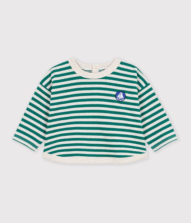 Tee-shirt b&eacute;b&eacute; en coton manches longues &agrave; rayures vert/beige