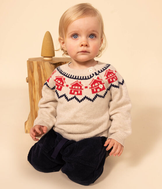 Pull jacquart en tricot laine et coton bébé beige MONTELIMAR/blanc MULTICO