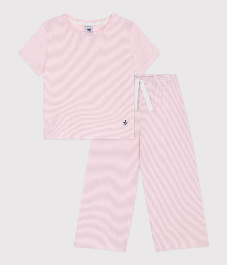 Pyjama enfant en coton manches courtes jambes larges &agrave; rayures rose MARQUISE/ MARSHMALLOW