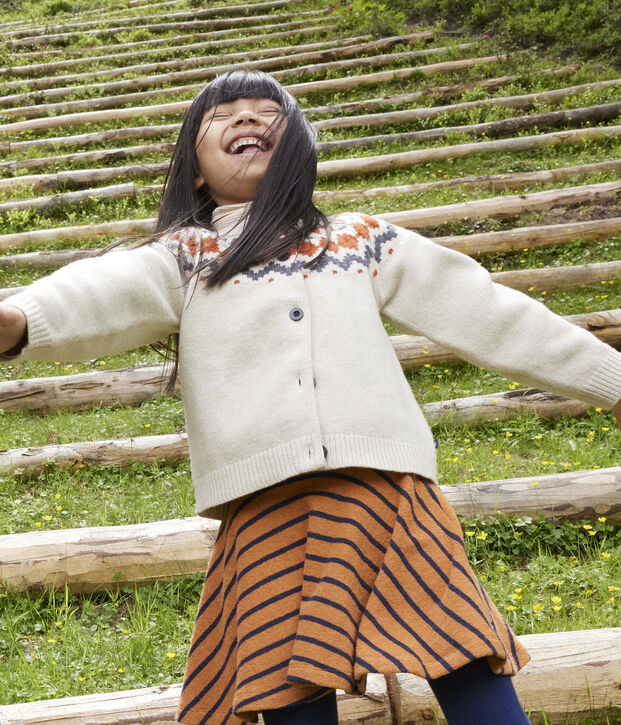 Cardigan jacquard laine et coton enfant fille beige/multicouleur