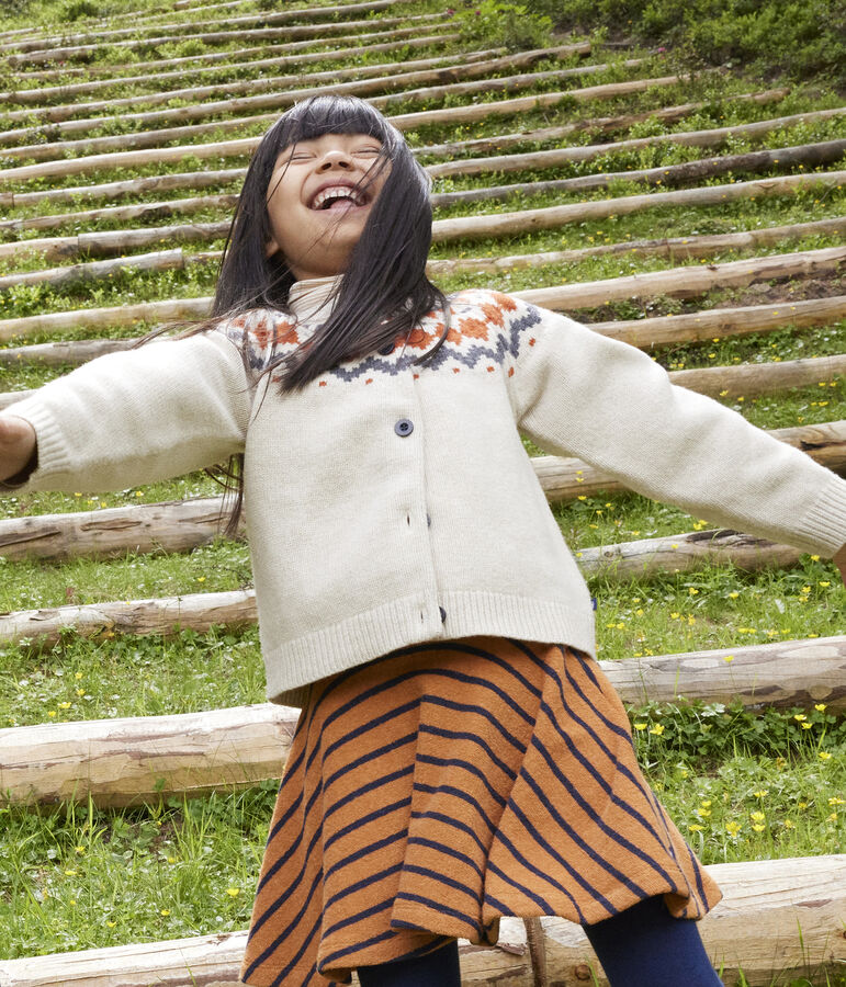 Cardigan jacquard laine et coton enfant fille beige/multicouleur