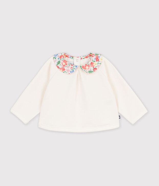 Sweatshirt b&eacute;b&eacute; en coton uni avec son col imprim&eacute; blanc cass&eacute;