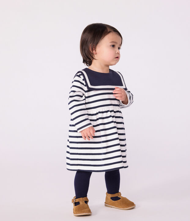 Robe marini&egrave;re b&eacute;b&eacute; en coton &eacute;pais manches longues blanc/bleu