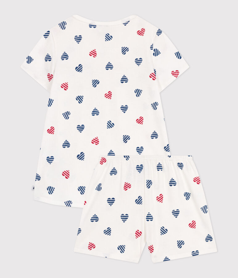 Pyjama short enfant en coton imprim&eacute; c&oelig;urs blanc MARSHMALLOW/blanc MULTICO