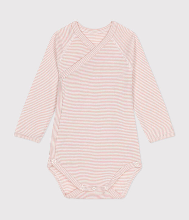 Body crois&eacute;s manches longues en coton b&eacute;b&eacute; rose/blanc