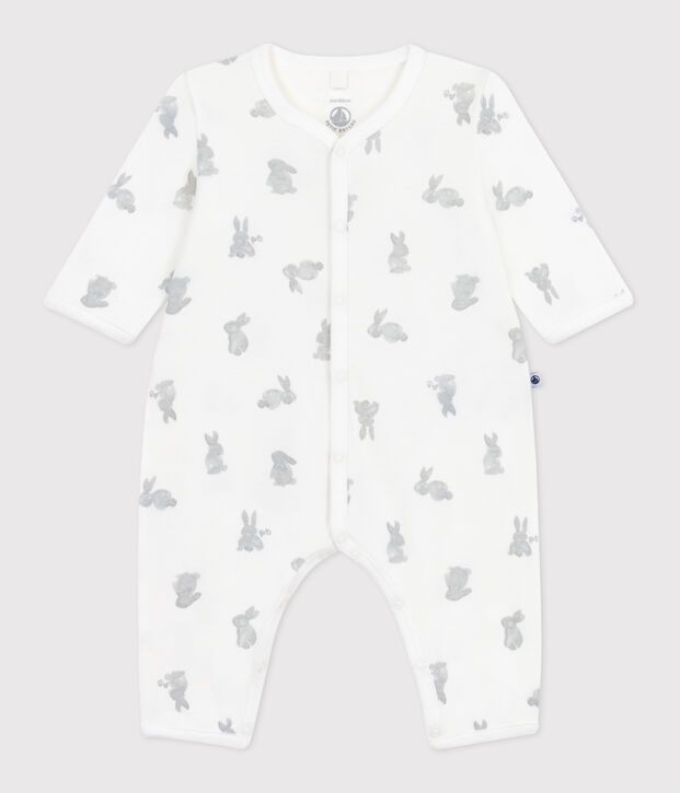 Pyjama b&eacute;b&eacute; sans pieds en coton imprim&eacute; lapin blanc/gris