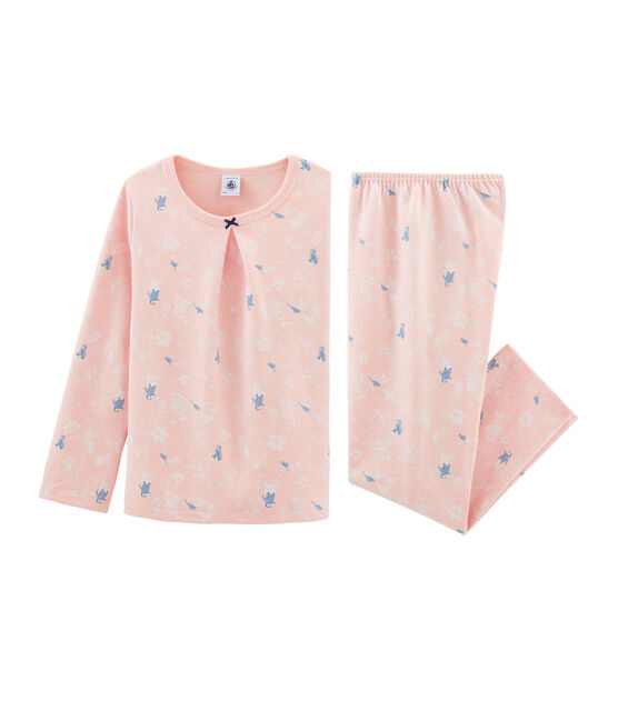 Pyjama rose à imprimé pingouin petite fille en jersey double face rose MINOIS/blanc MULTICO