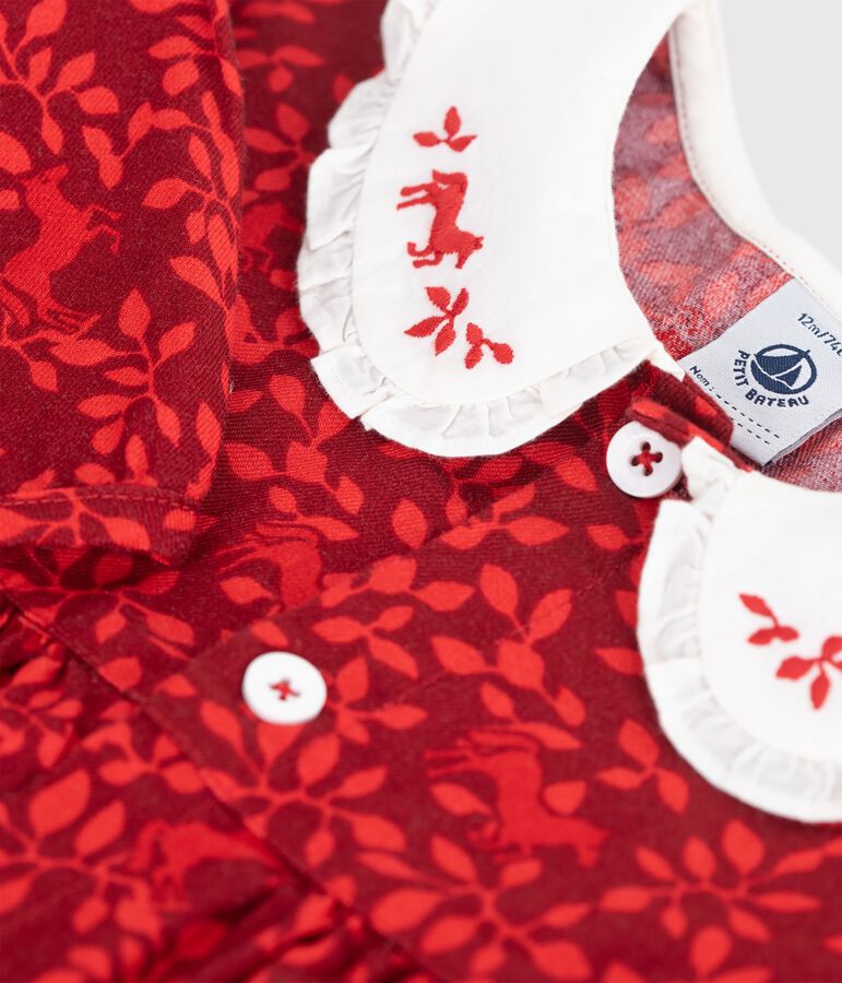 Robe b&eacute;b&eacute; en coton manches longues imprim&eacute;e et col brod&eacute; rouge AMARANTE/ TERKUIT