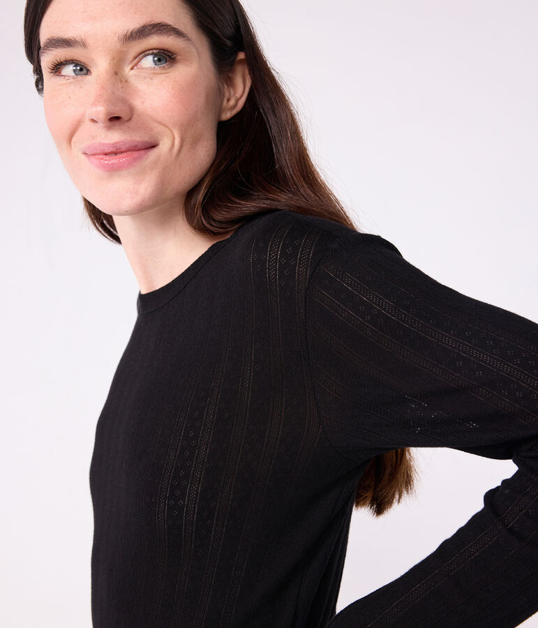 Tee-shirt femme l'iconique en coton ajour&eacute; manches longues noir BLACK