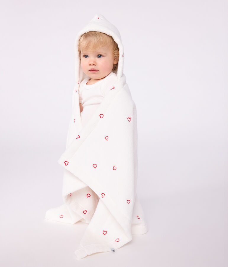 Cape de bain b&eacute;b&eacute; c&oelig;urs brod&eacute;s en &eacute;ponge blanc MARSHMALLOW/rose CHARME
