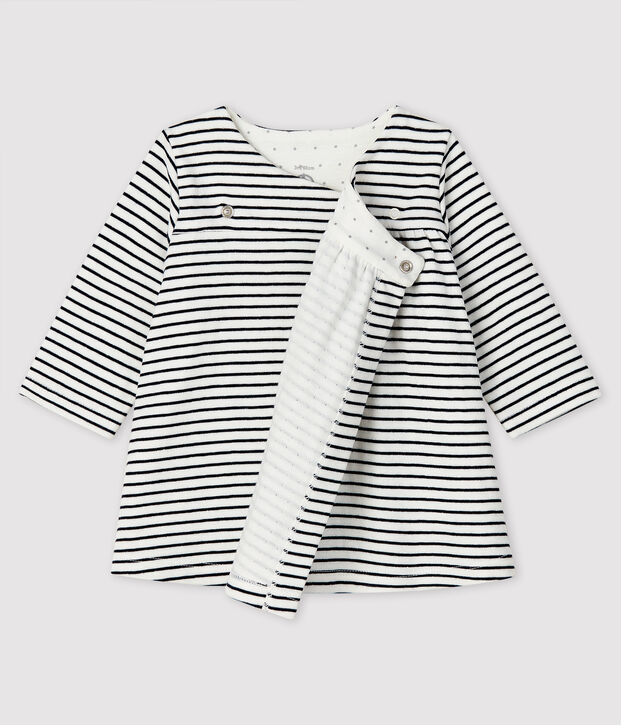Robe &agrave; rayures manches longues b&eacute;b&eacute; fille en tubique blanc/bleu