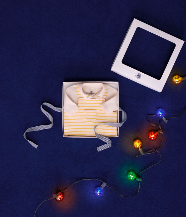 Coffret ensemble salopette et body en coton b&eacute;b&eacute; &eacute;cru/jaune
