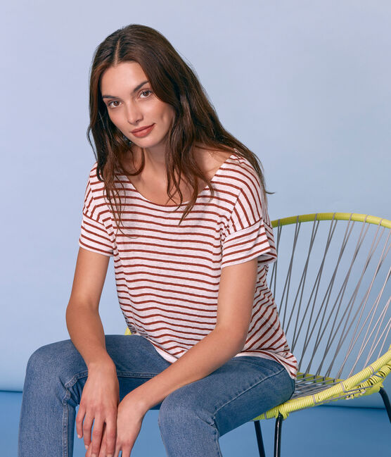 Tee-shirt manches courtes femme en lin blanc MARSHMALLOW/rose COPPER