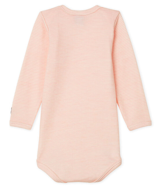 Body manches longues bébé en laine et coton rose CHARME/blanc MARSHMALLOW